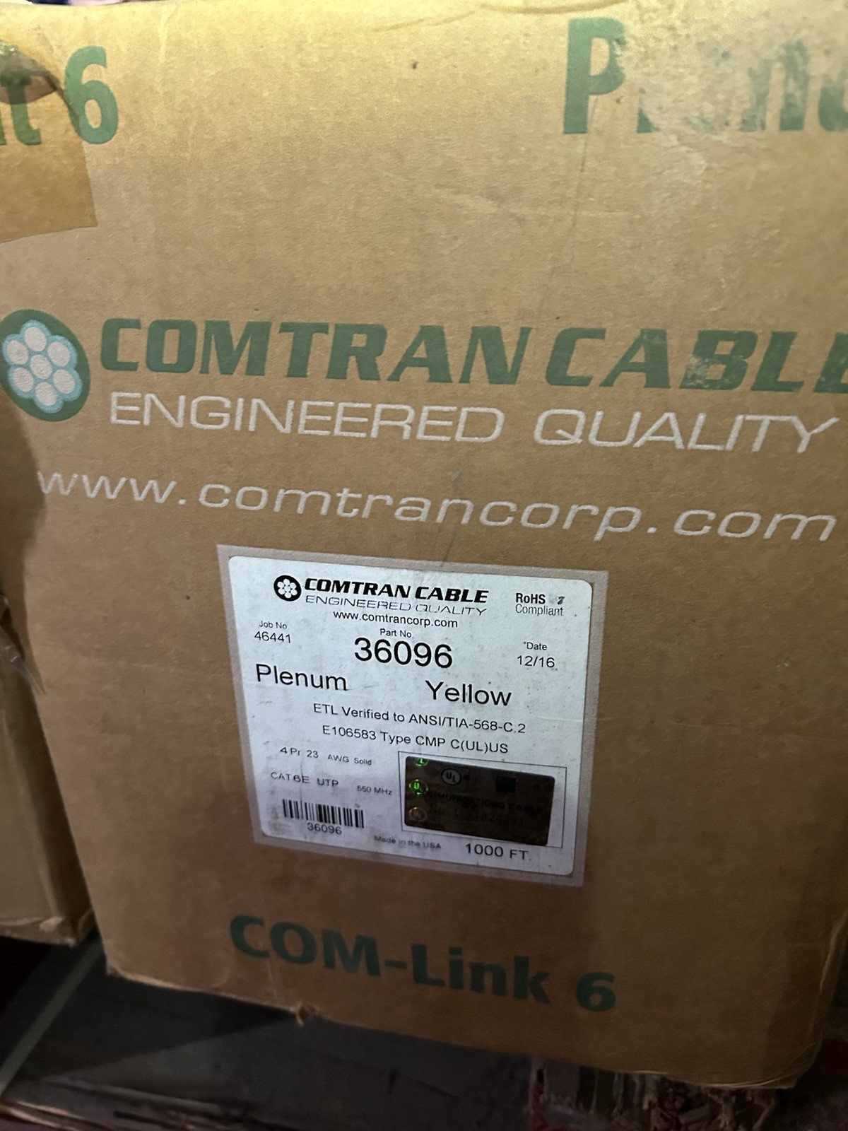 COMTRAN CABLE 36096 PLENUM YELLOW E106583 CAT 6E UTP 4PR, 23 AWG, SOLID, 1000'