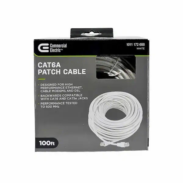 Commercial Electric Cat6A RJ-45 Ethernet Patch Cable Round 100 ft White