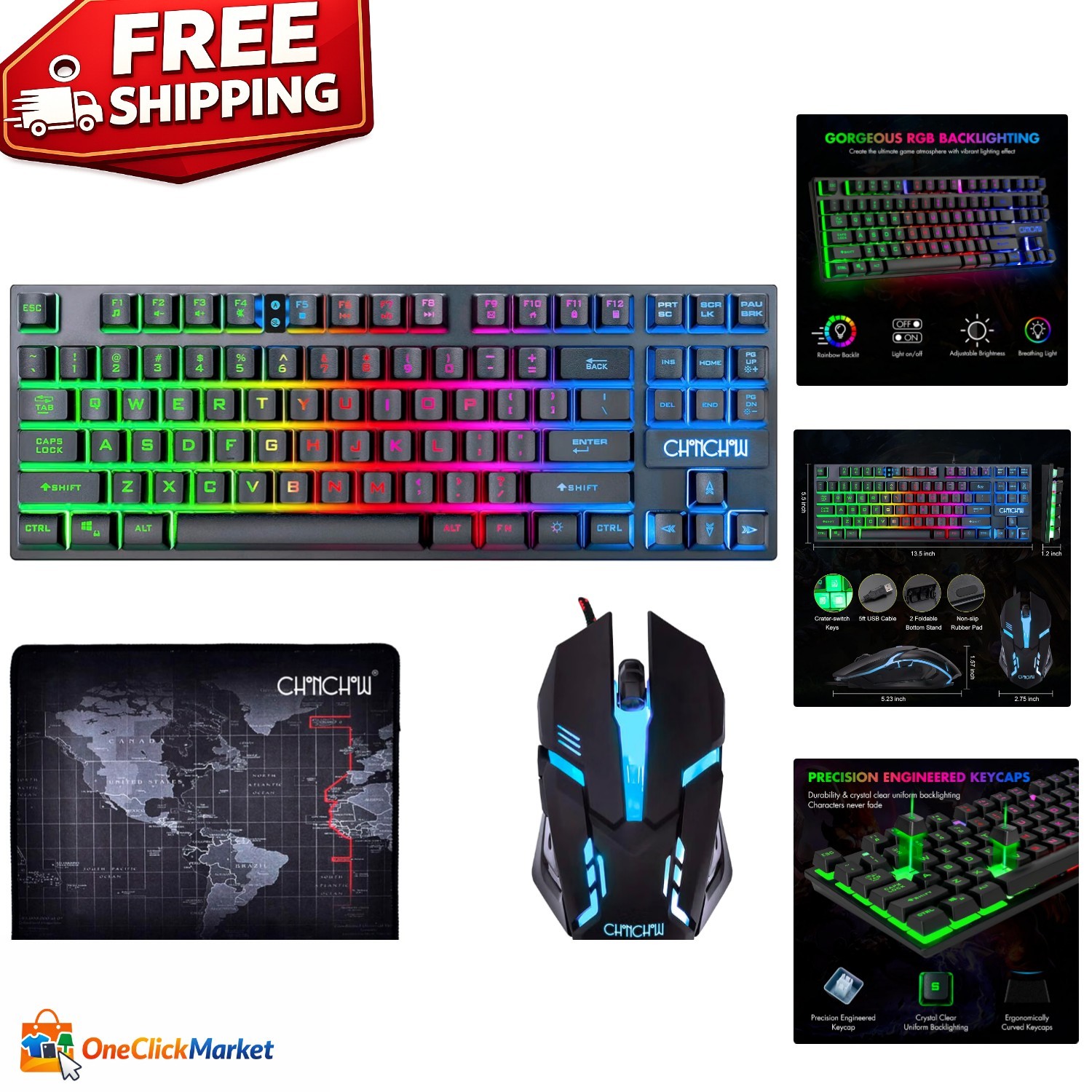High-Performance Wired TKL RGB Gaming Keyboard with Adjustable DPI Mouse
