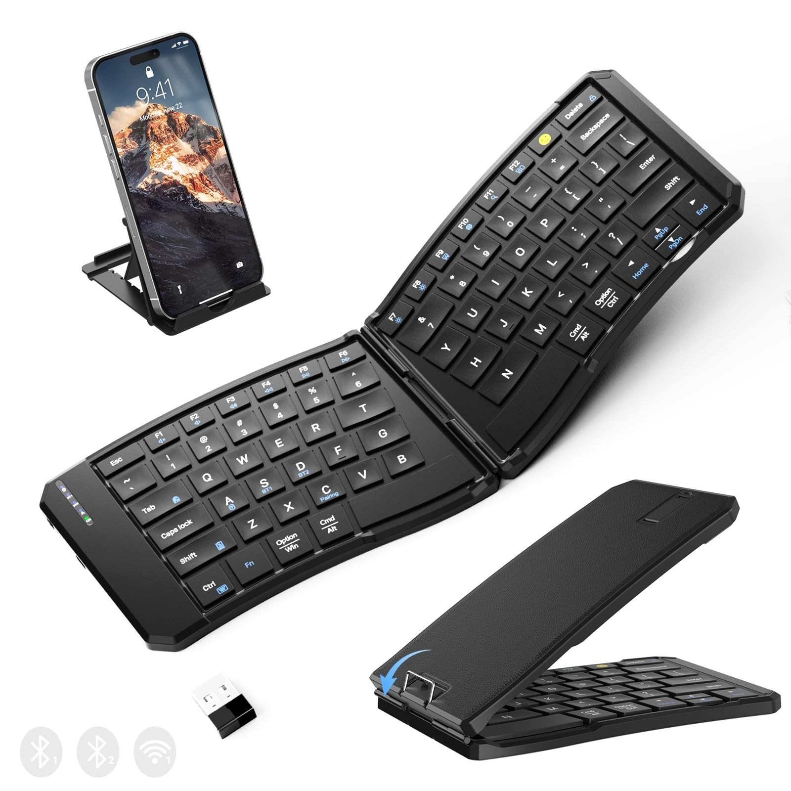 Ergonomic Foldable Keyboard, Portable Folding Travel Bluetooth Keyboard for B...