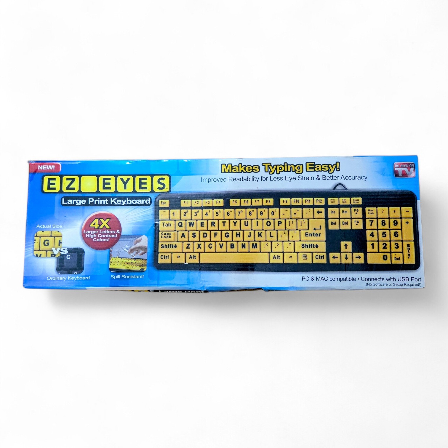 ​EZ Eyes Large Print USB Keyboard Yellow Keys Black Letters Low Vision Aid New 