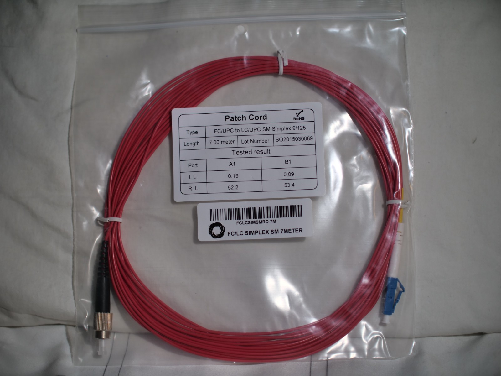 FC\UPC-LC\UPC, Singlemode, Simplex fiber jumper 7m Red