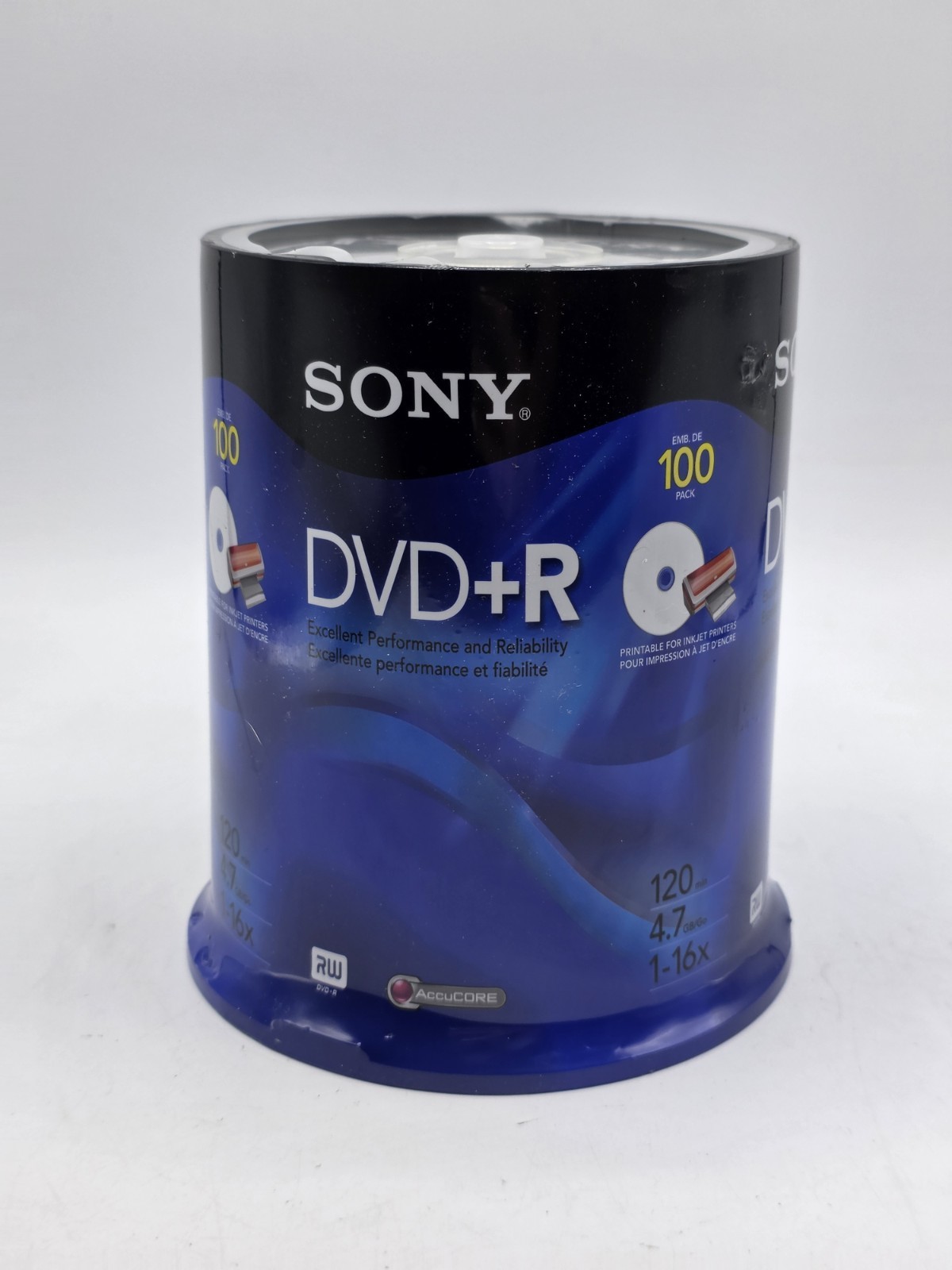 NEW Sony DVD+R 100-Pack Blank Discs 4.7GB 16x 120Min Inkjet Printable AccuCORE