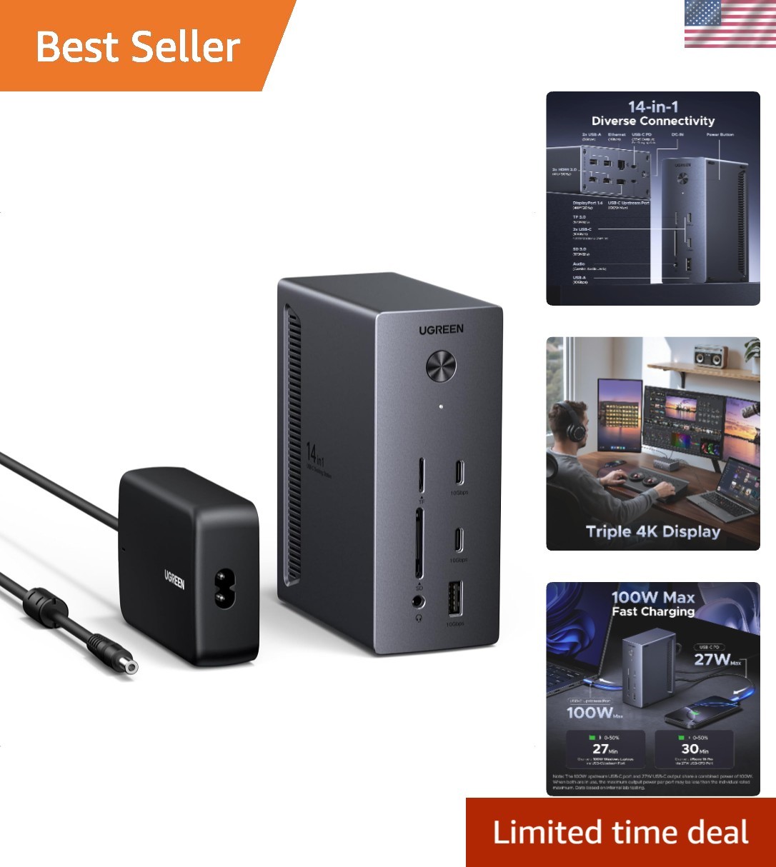 Versatile USB C Docking Station - Triple Monitor, Gigabit Ethernet, 5 USB Ports
