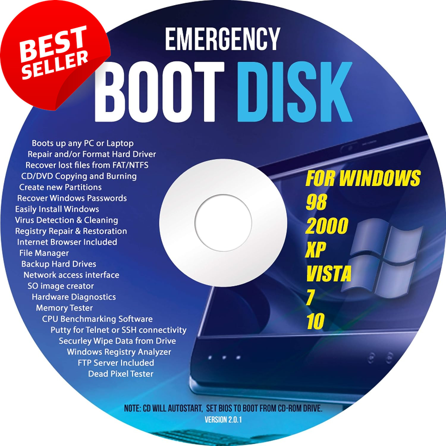Windows Emergency Boot Disk, for 98, 2000, XP, Vista, 7, 10, PC Repair DVD