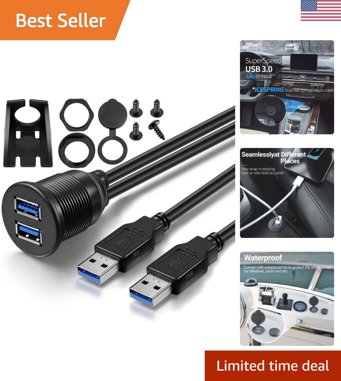 Versatile USB 3.0 Flush Mount Cable for Cars, Boats & Motorcycles – Waterproof