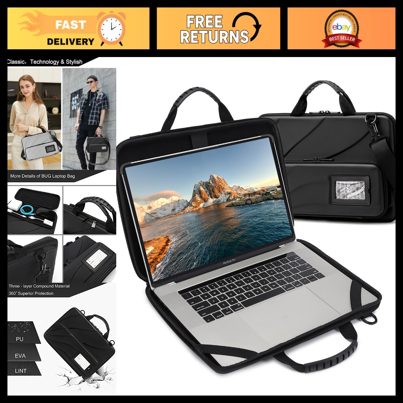 Hard Shell Laptop Case Bag with Shoulder Strap for Men & Women - Durable & Styli