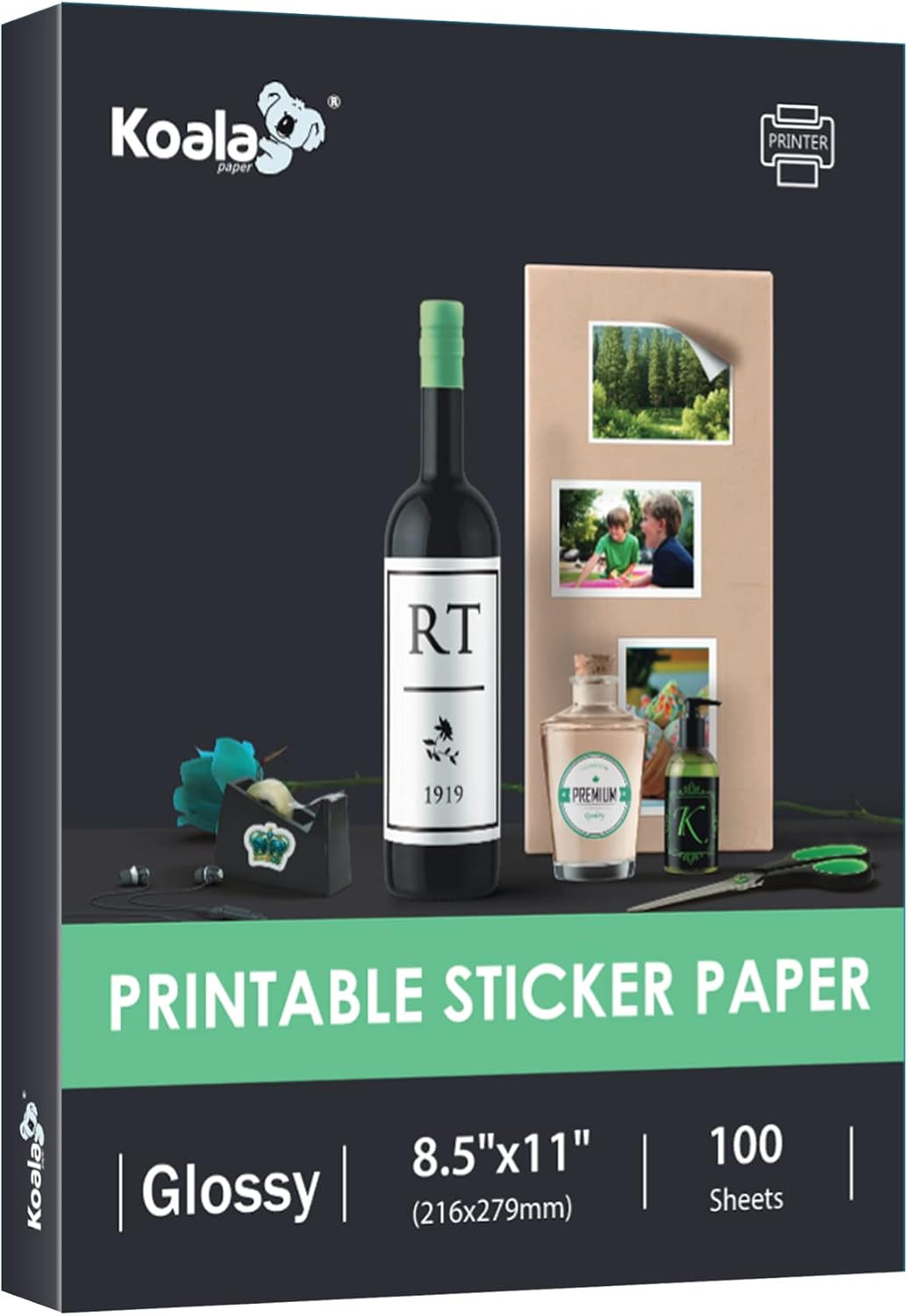Koala Glossy Sticker Paper for Inkjet & Laser Printer, 100 Sheets
