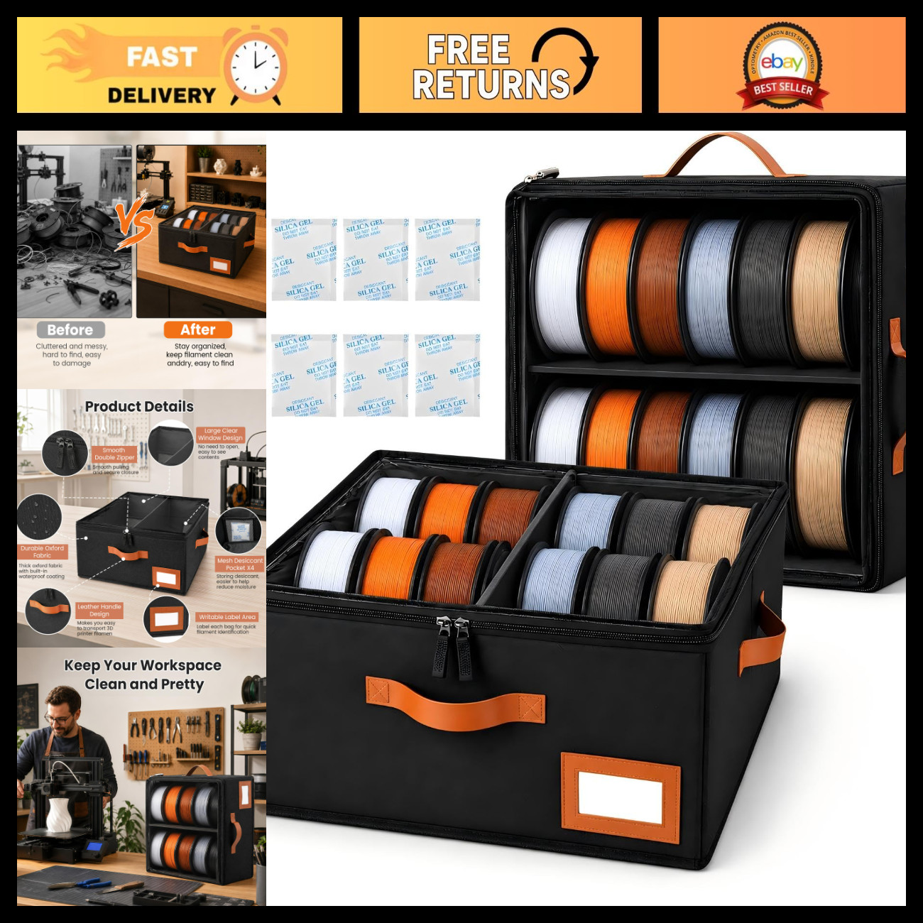 2-Tier 3D Filament Storage Box - Holds 24 Spools, 2 Pack, Organizer for 3D Print