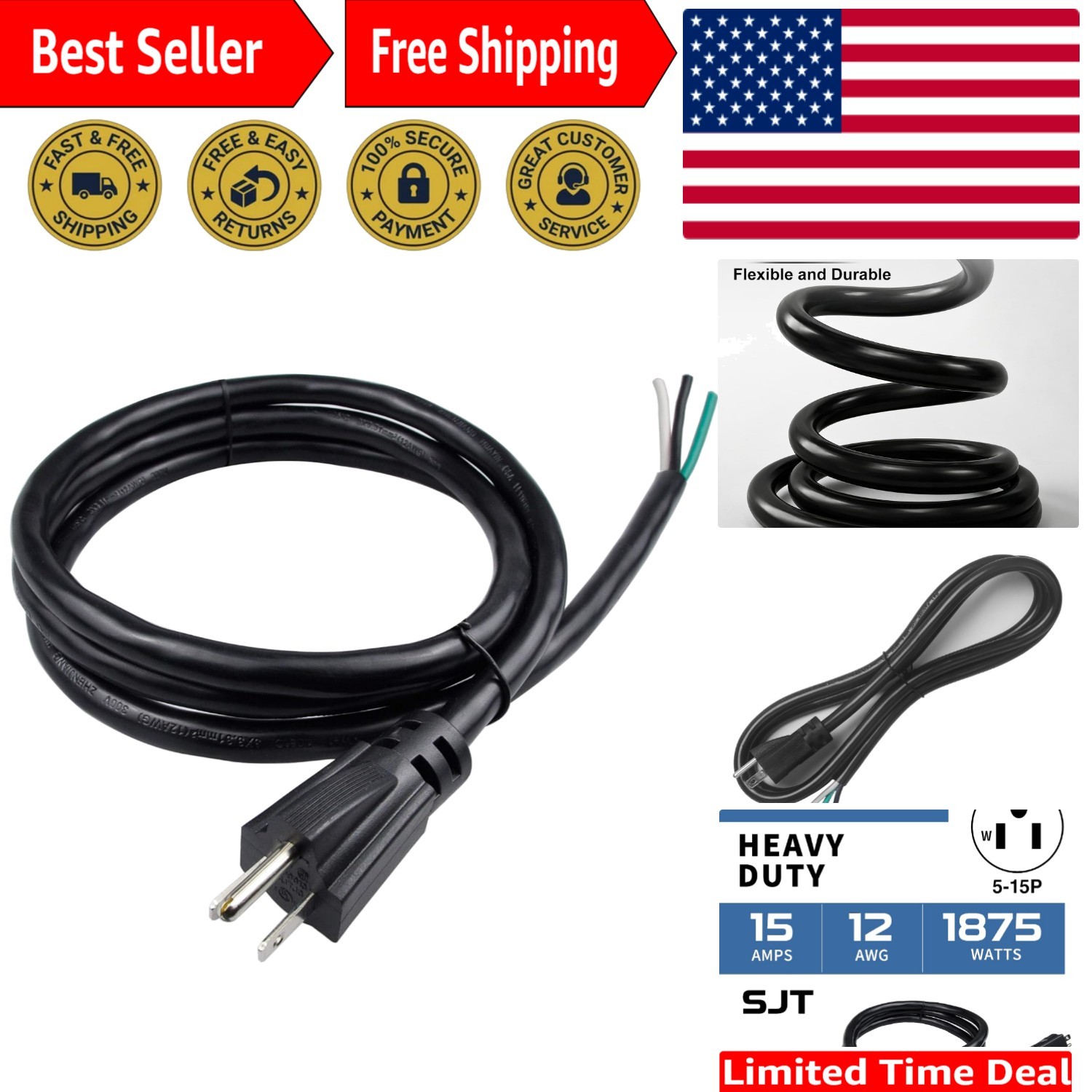 6ft Heavy Duty Power Cable, NEMA 5-15 Plug, for Home & Industrial Use