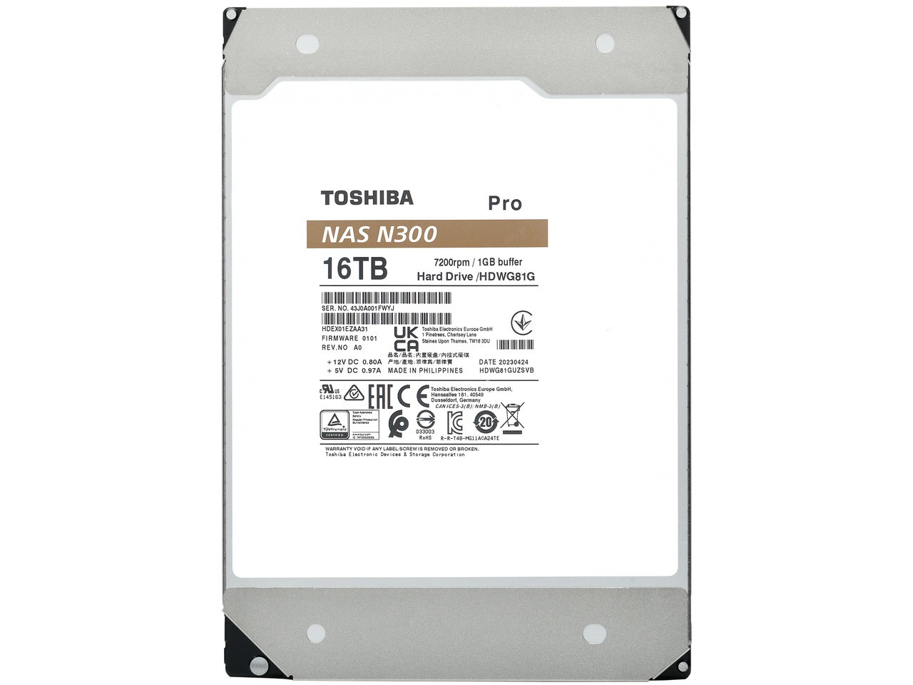 TOSHIBA N300 NAS PRO 16TB 7200 RPM 1GB Cache SATA 6.0Gb/s 3.5" Hard Drive