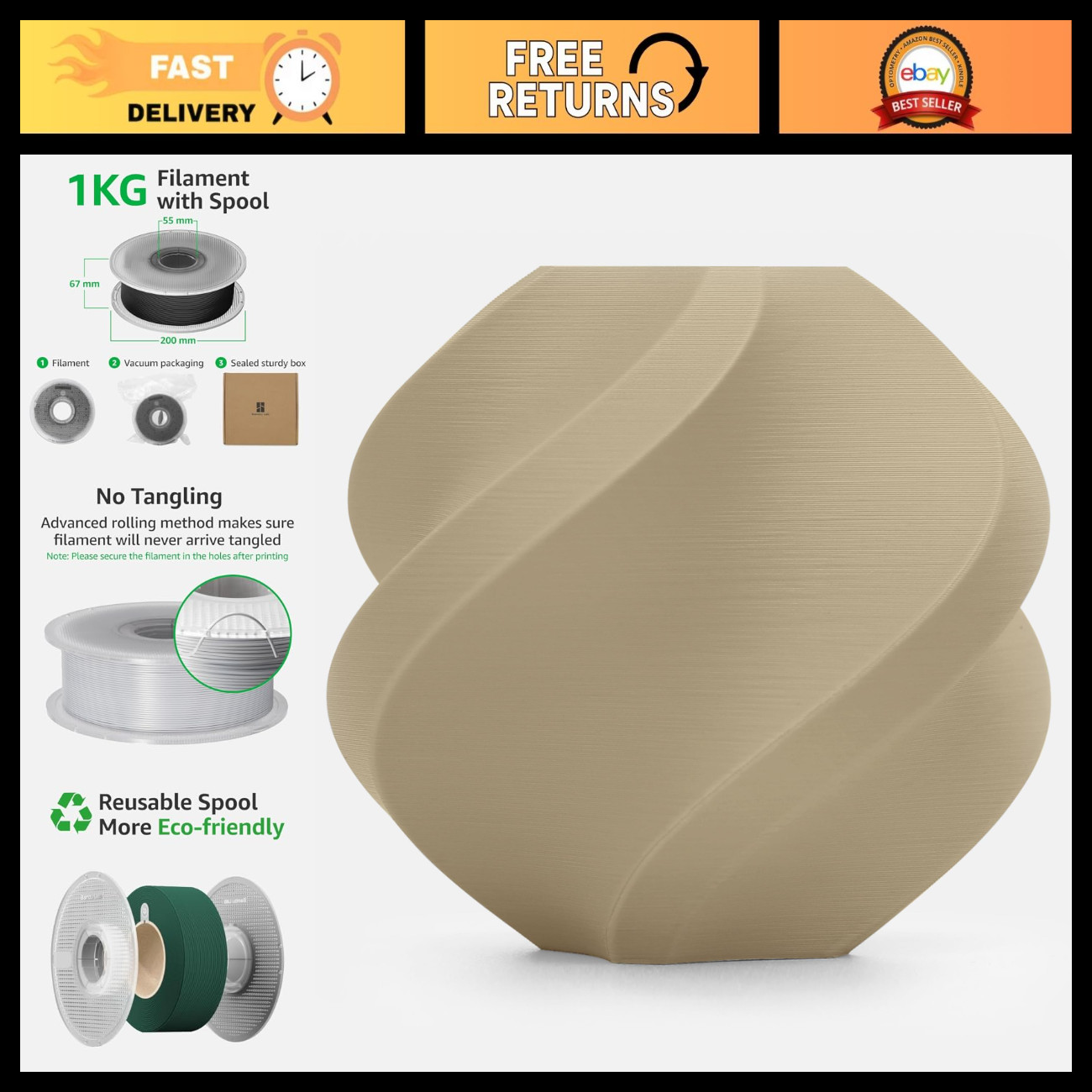 Matte PLA 3D Printer Filament 1.75mm 1kg Spool - Smooth Finish, Low Warp, Easy P