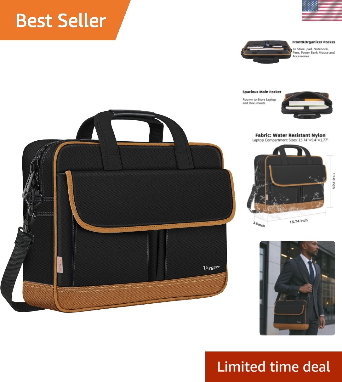 Stylish 15.6 Inch Laptop Briefcase - Water-Resistant Black Brown Messenger Bag
