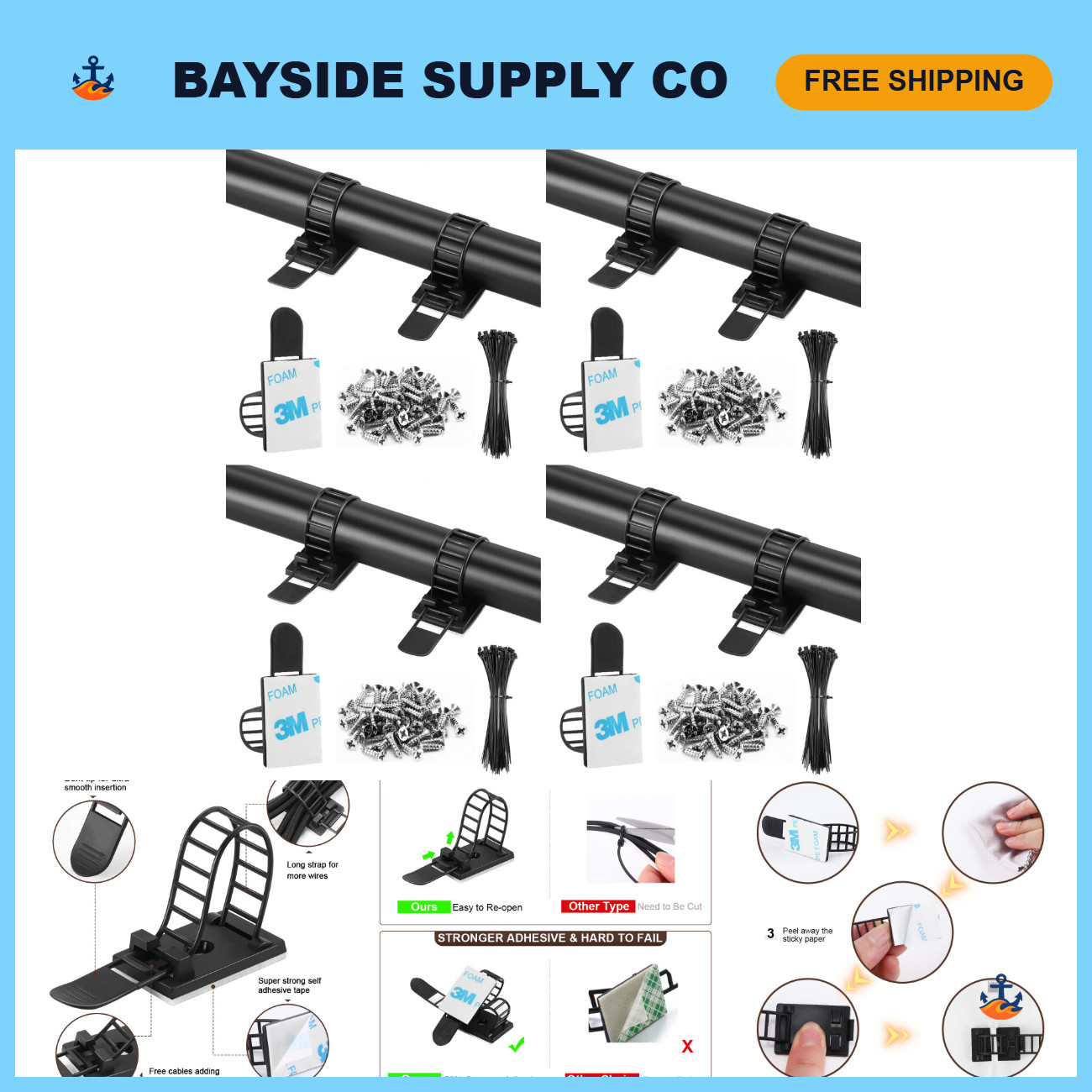 100Pcs Cable Management Clips & 50Pcs Zip Ties, Adjustable Wire Organizer, Stron