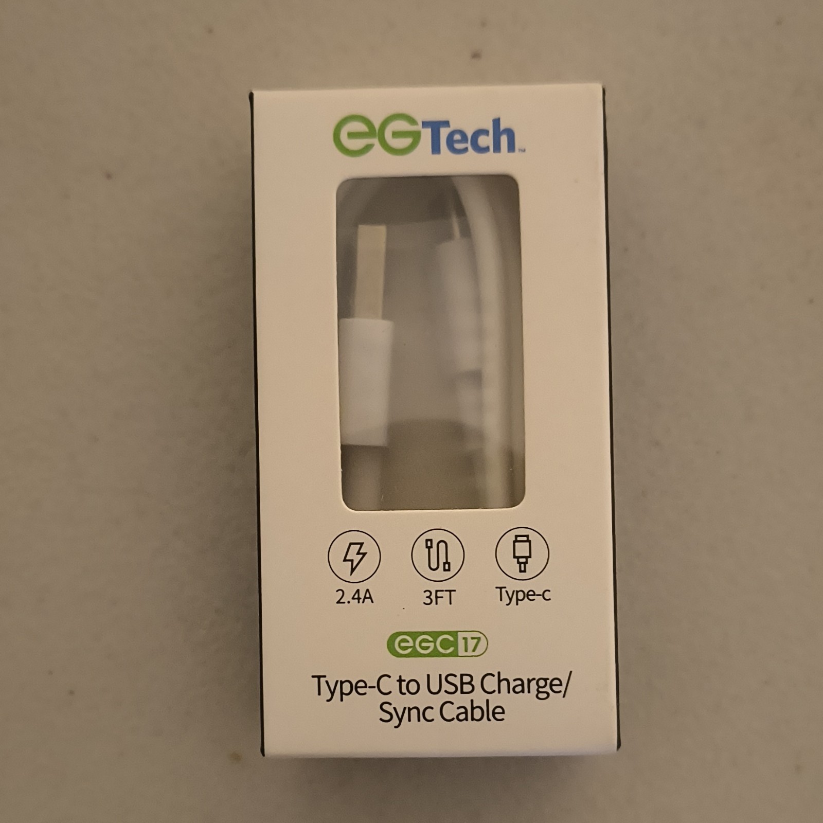 EGTech USB to USB Type-C Charge/Sync Cable 3FT White EGC17 2.4A Fast Charging