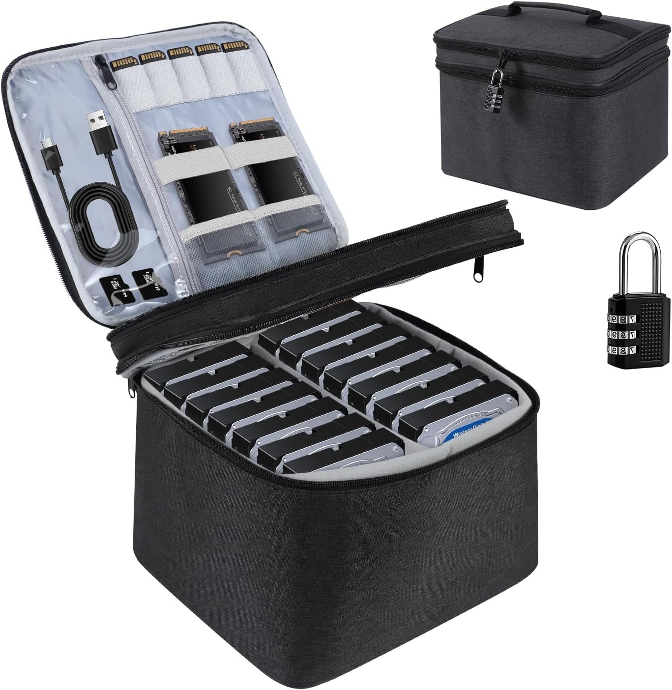 Crisinant Hard Drive Case,14 -Bay Protective Storage Bag for 3.5" HDD, Black 