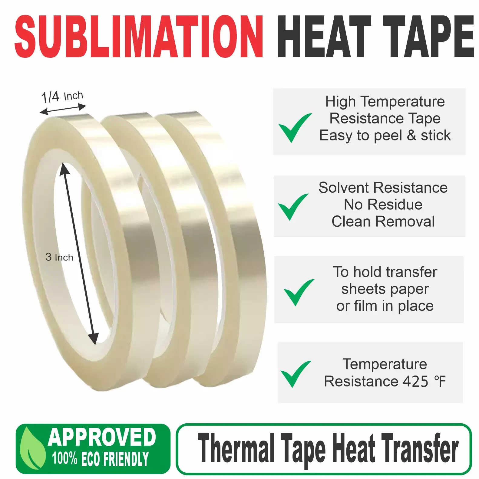 3 Roll Heat Tape Resistant Sublimation, DTF Thermal Tape 1/4 Inch X 108 Foot