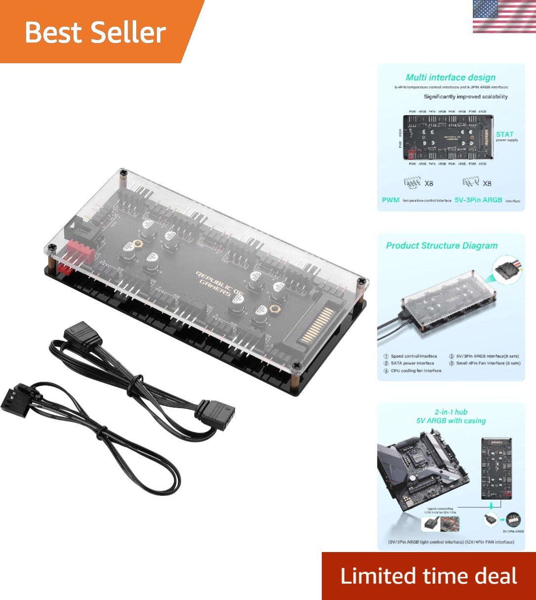8-Channel Dual-Function 5V 3-Pin + 4-Pin PWM ARGB Fan Hub 2510 4-Pin Fan Conn...