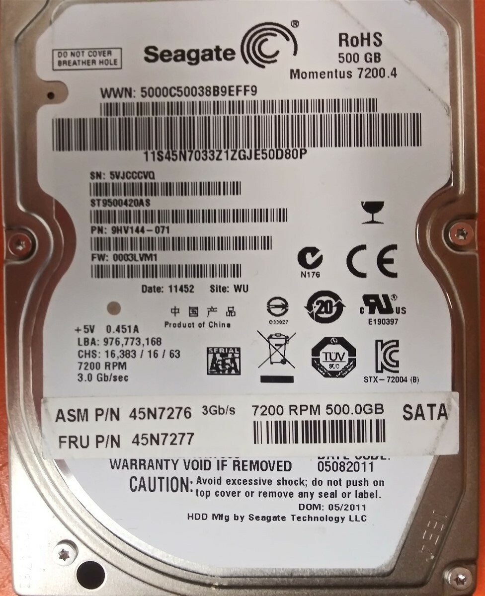 ⭐️⭐️⭐️⭐️⭐️ HDD Hard Drive SATA Laptop 2.5" Seagate ST9500420AS 500GB 9HV144-071