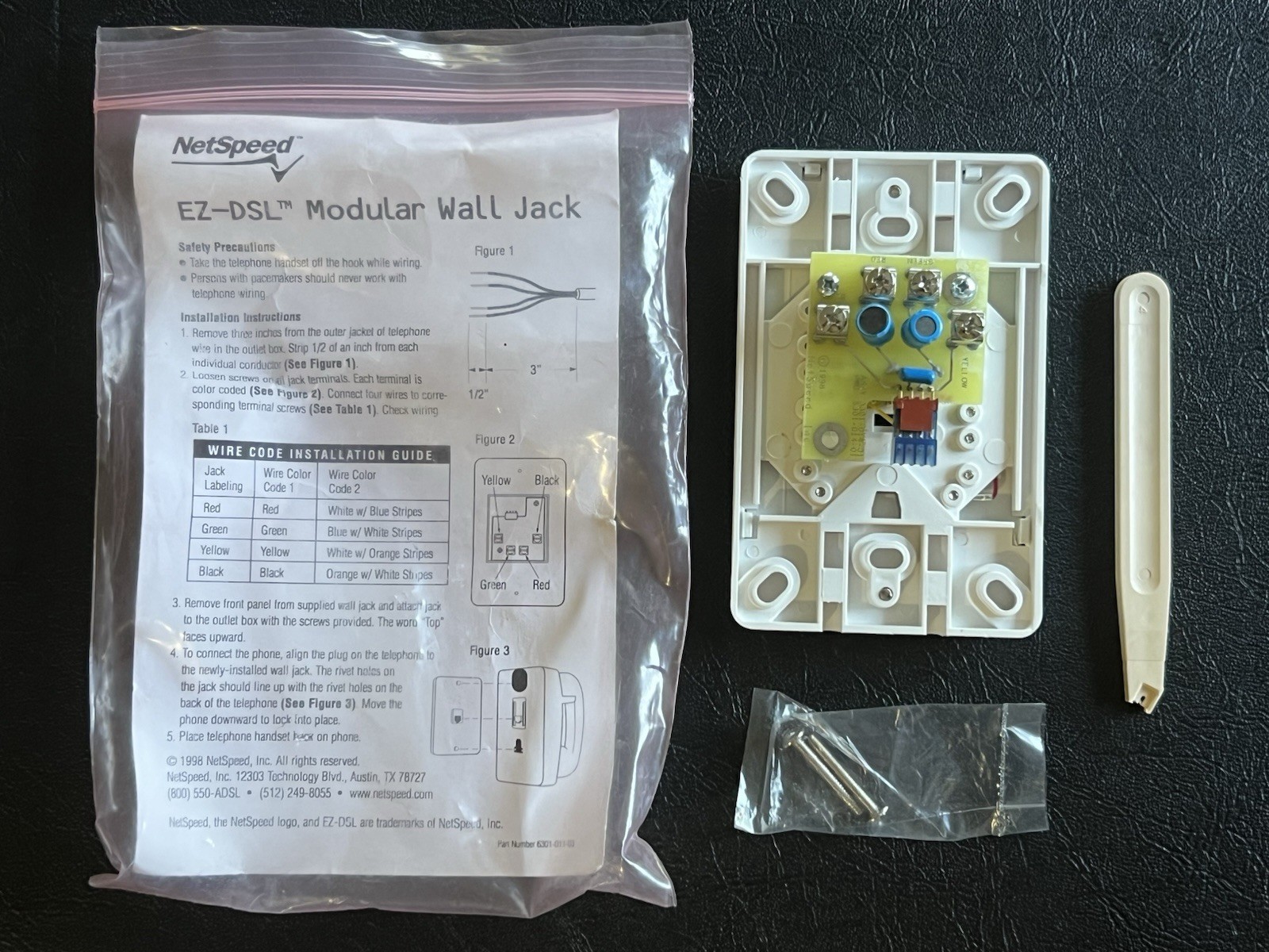 NetSpeed EZ-DSL Wall Jack with built in Filter + PUNCH ON TOOL-MTG SCREWS-New
