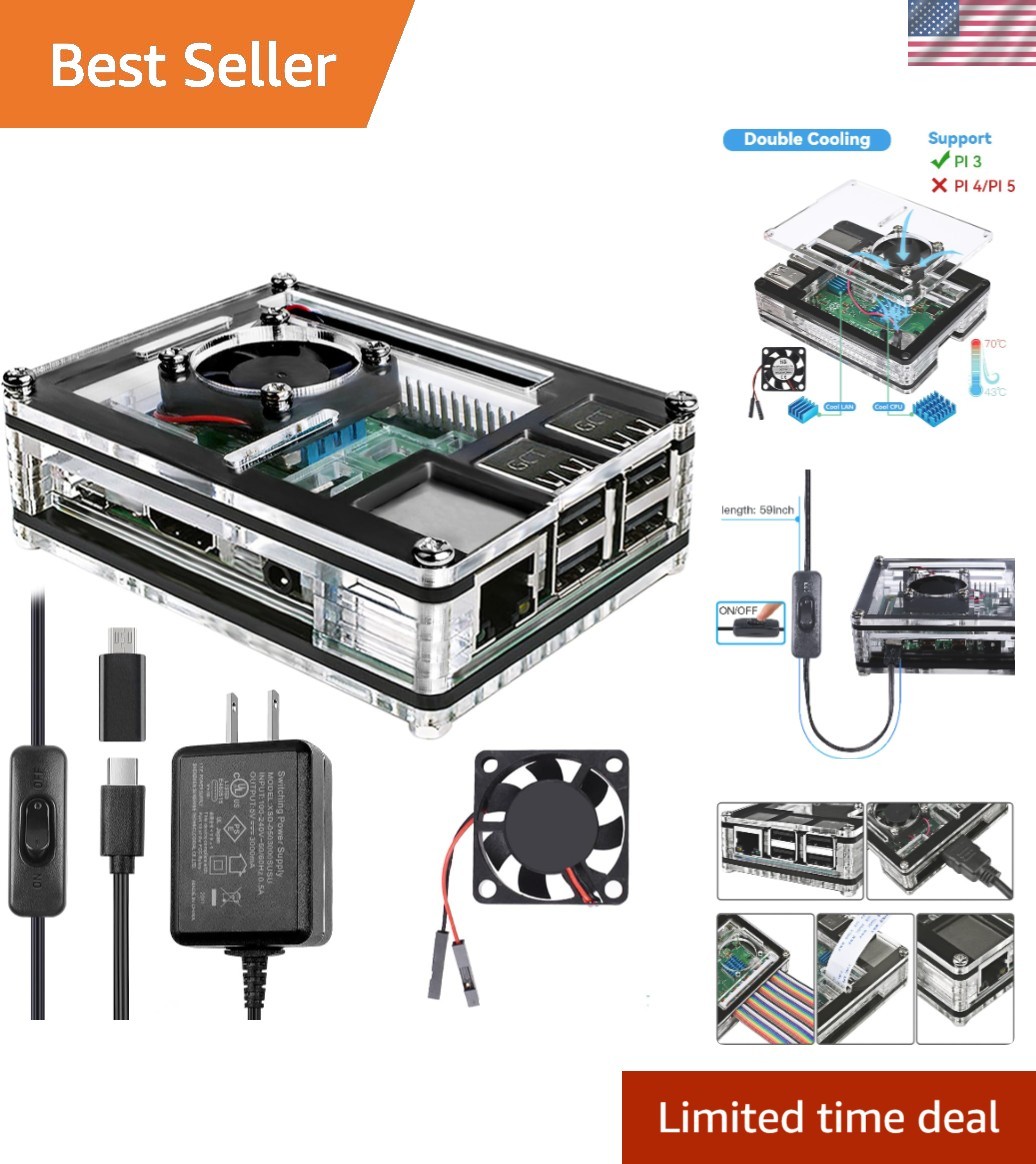 Case for Raspberry Pi 3 with Fan 5V 3A Power Supply 3Pcs HeatSinks