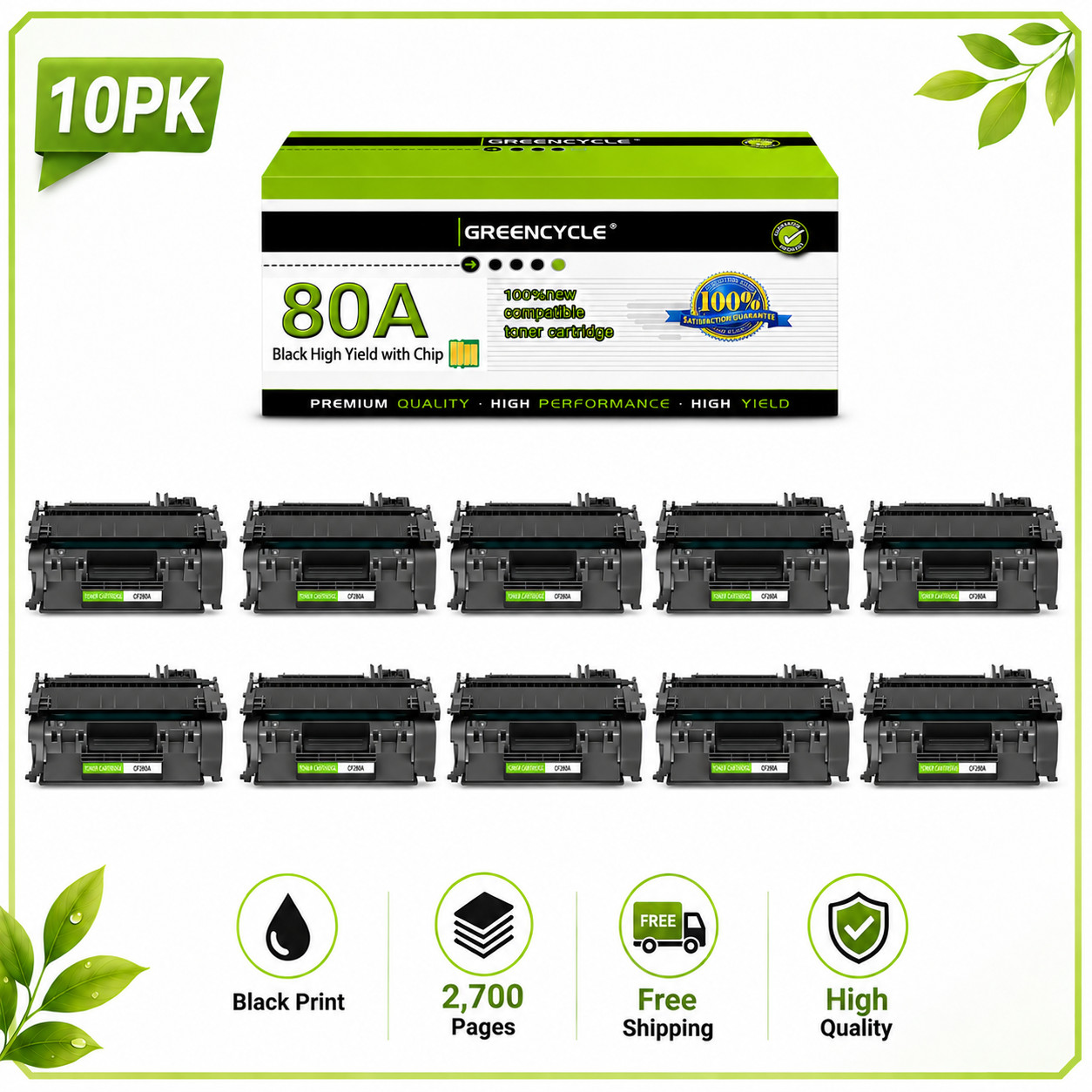 10-Pack 80A Toner Replacement Compatible HP CF280A M401 MFP M425dn Printer