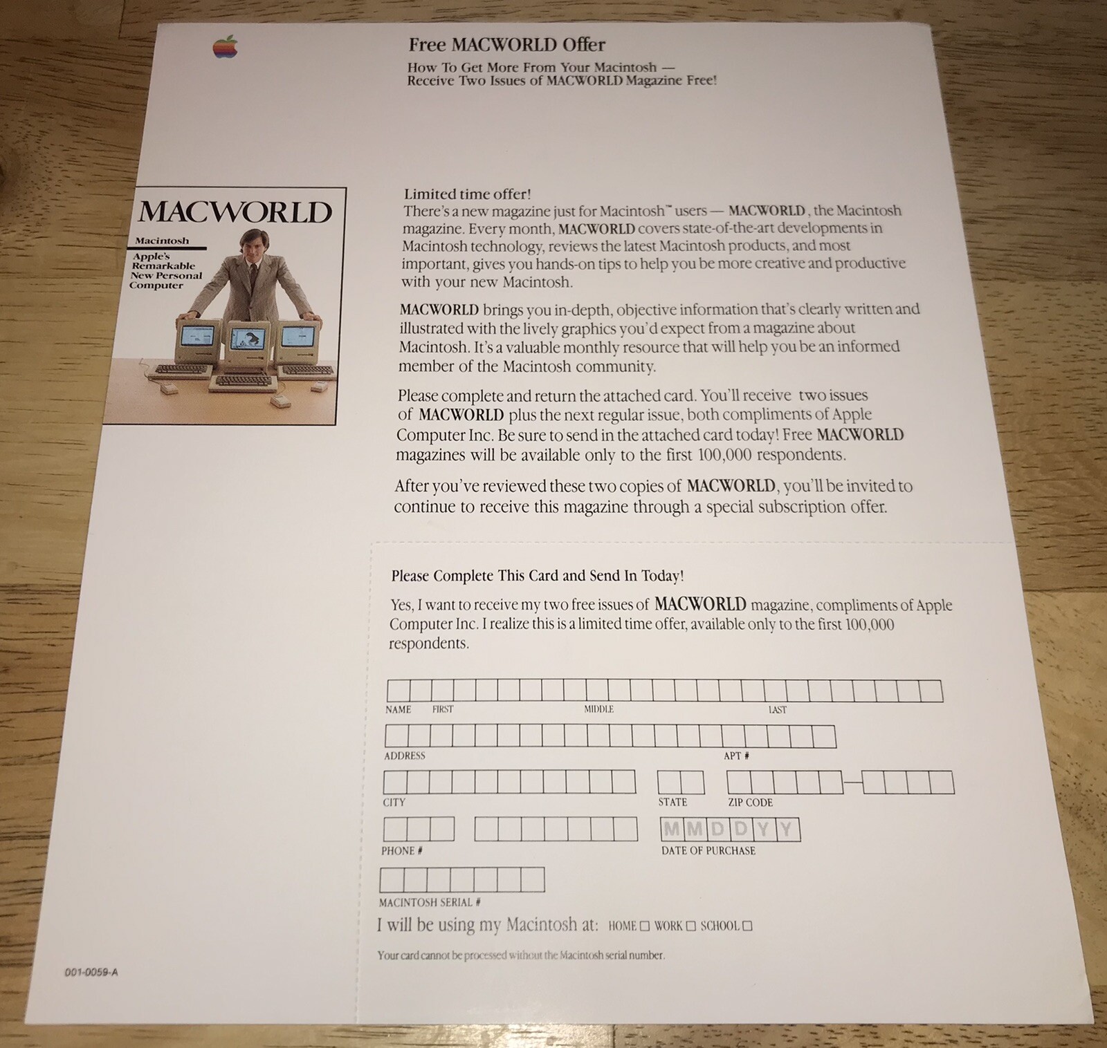 1984 STEVE JOBS Macintosh 128K MACWORLD Offer Card Sheet Mac M0001 UNUSED RARE