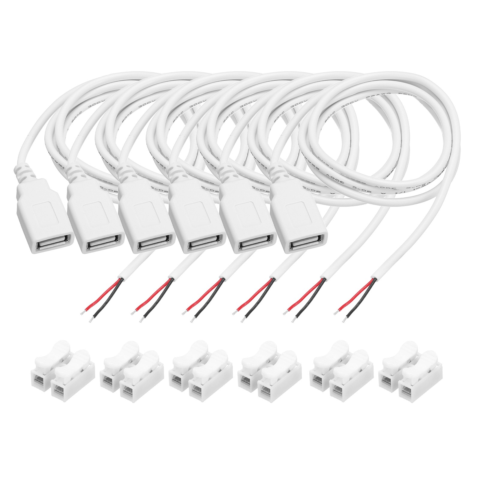 6Pcs USB Plug Pigtail, 1M/3.2FT Female 22 AWG 5V 3A with Wire Connector, White