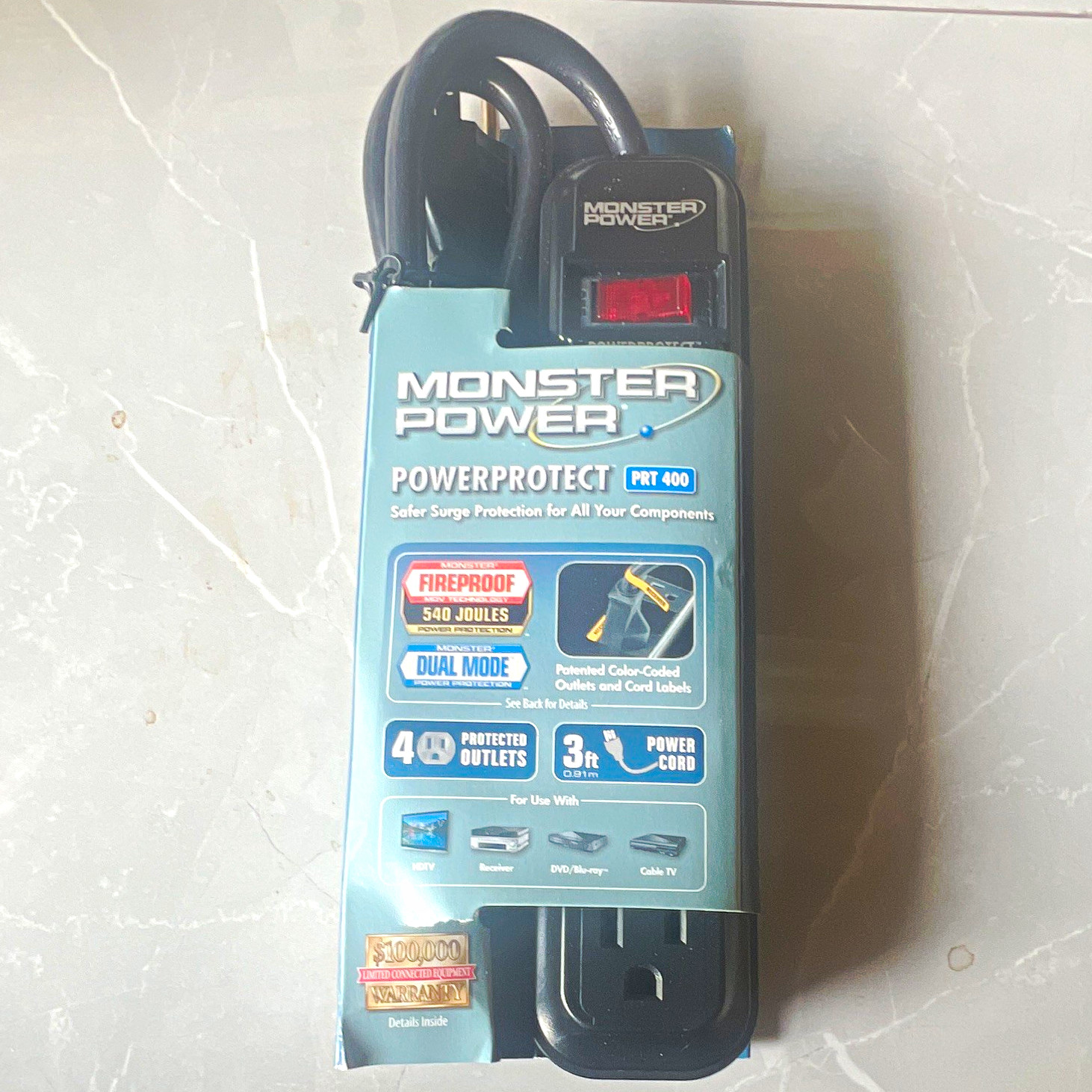 Monster Power PowerProtect PRT 400 Surge Protector 4 Outlet 3ft 540J 15A
