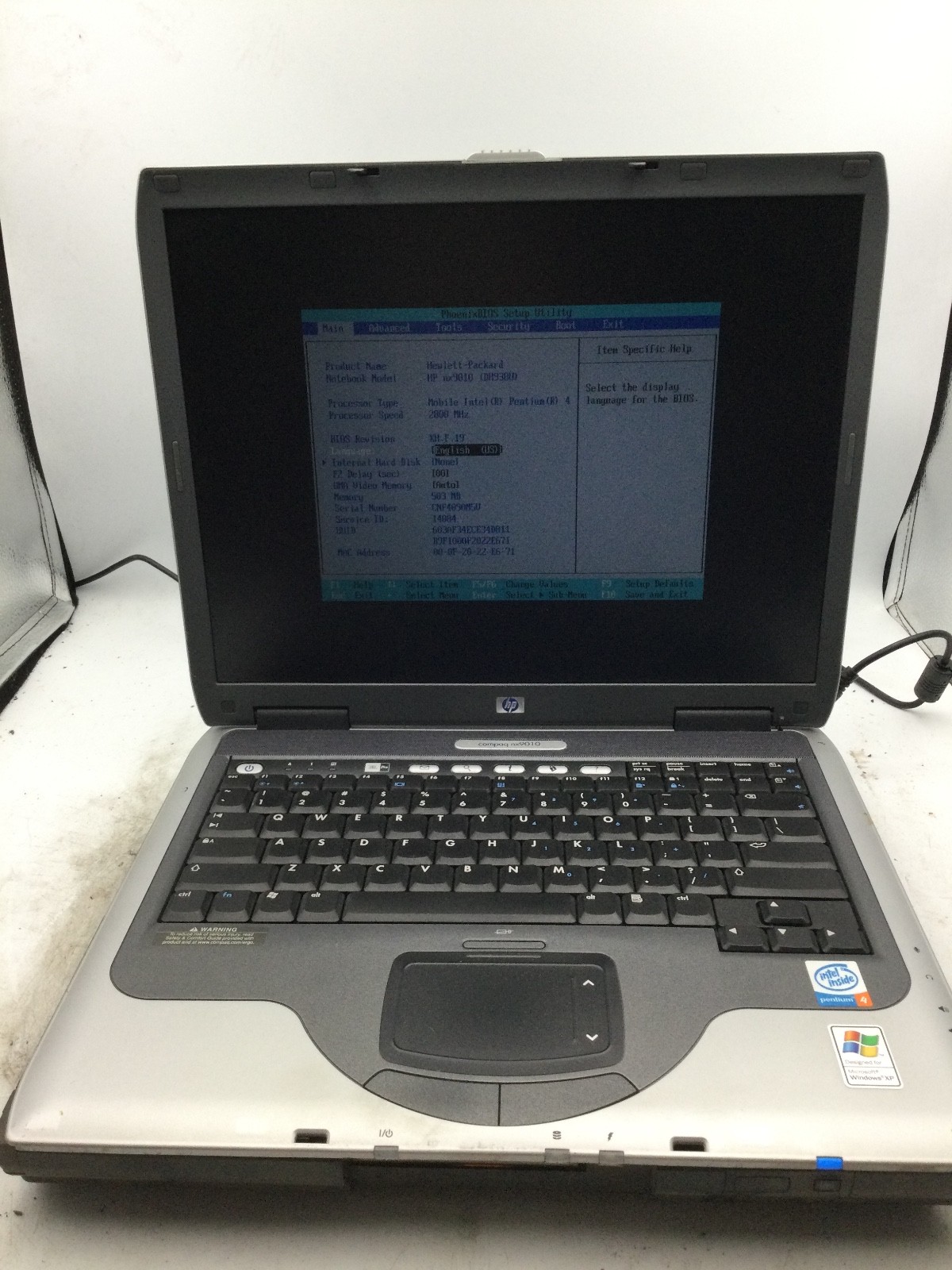 HP COMPAQ NX9010 - BOOTS TO BIOS - INTEL PENTIUM 4 - 500MB RAM - 14" - READ - BB