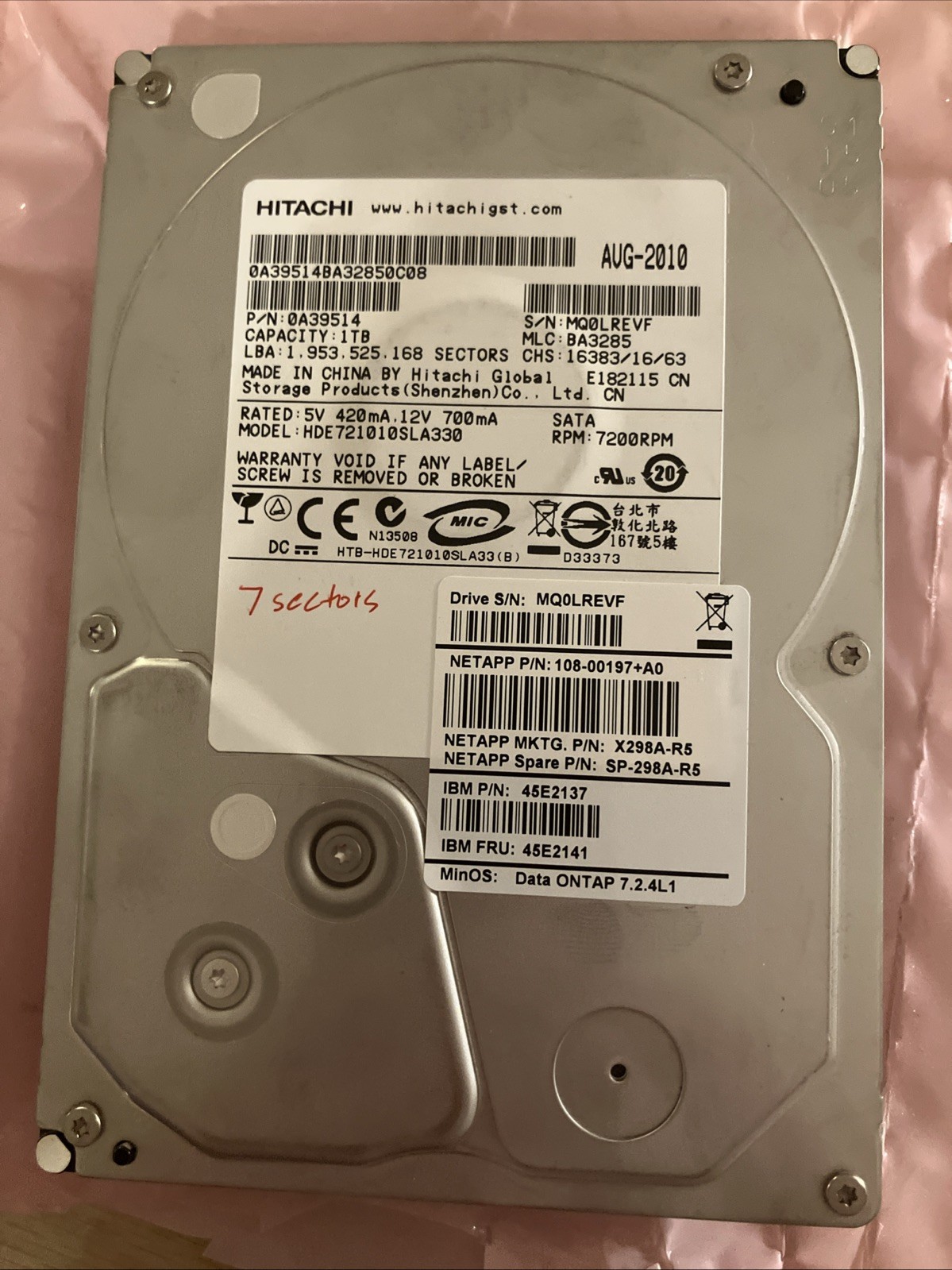NetApp X298A-R5 1TB 7.2 SATA Hard Drive IBM 45E2141 45E2137 Hitachi 0A39514 7200