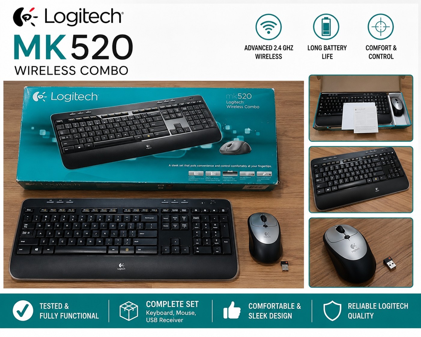 Logitech MK520 Wireless Keyboard Mouse Combo Tested Complete USB Receiver