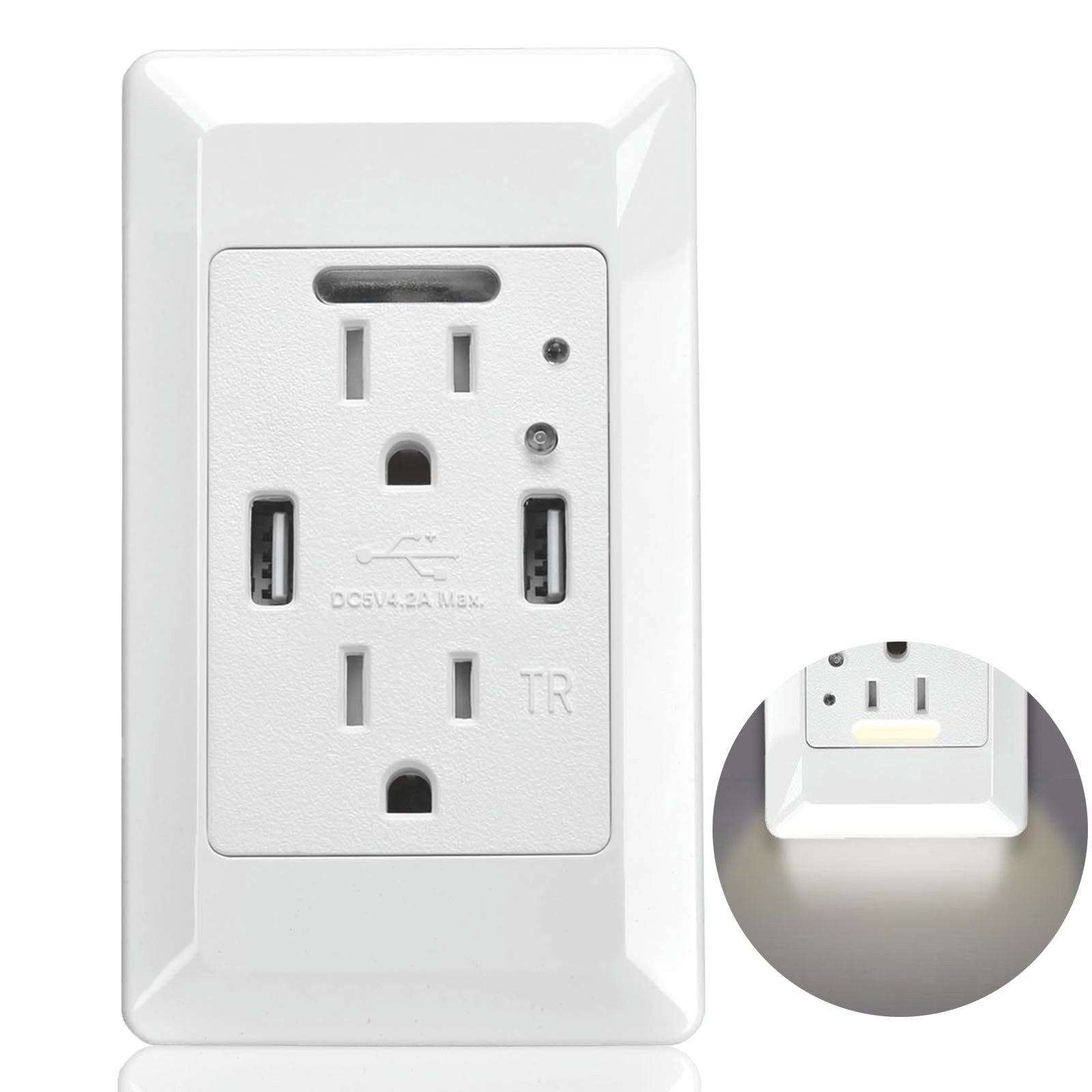 Electrical Dual USB Wall Outlet with LED Night Light Tamper Resistant Receptacle