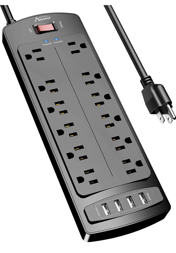 Power Strip, ALESTOR Surge Protector with 12 Outlets and 4 USB Ports, New