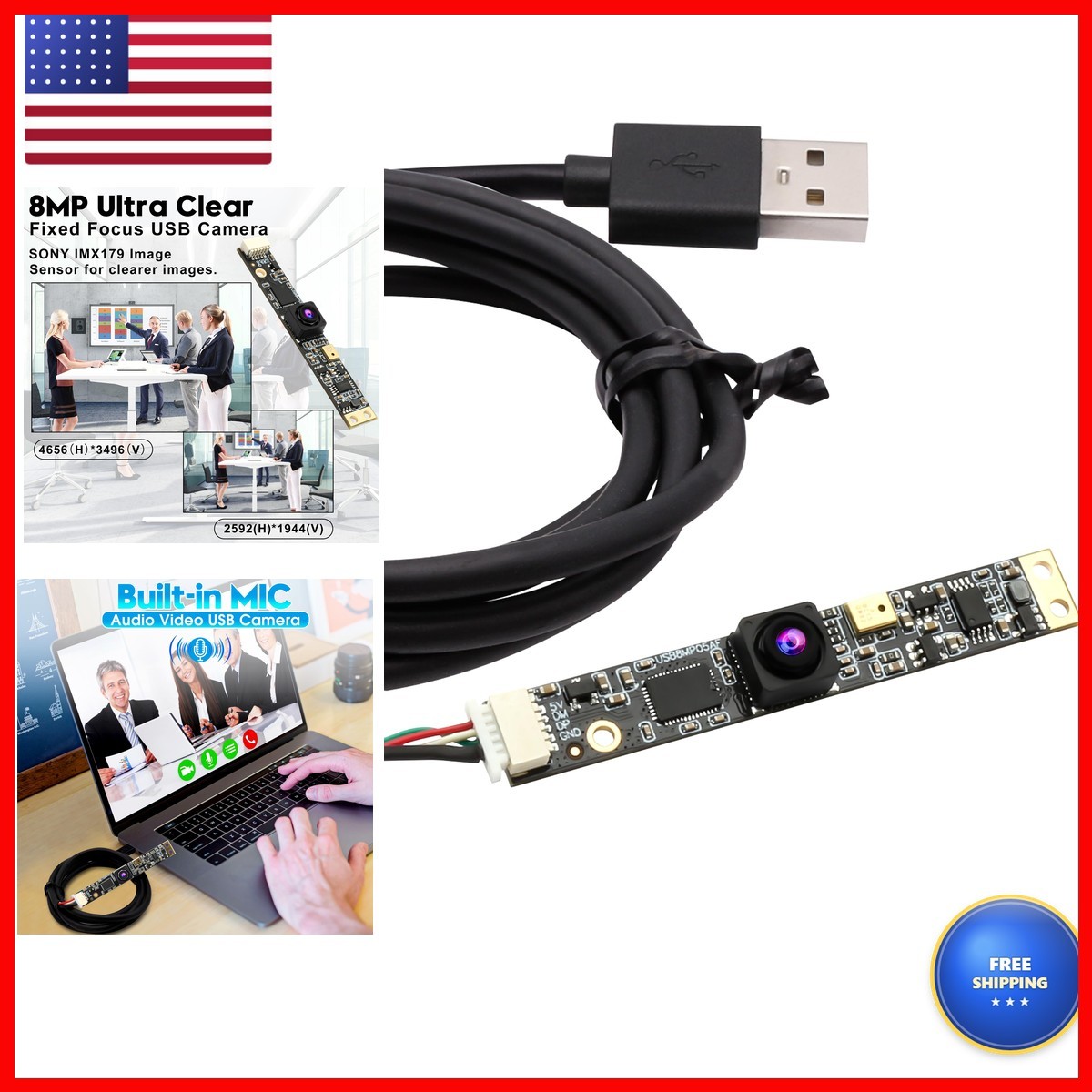 ELP 8mp USB Camera Module Microphone 4K PC Camera Computer 2448P Lightburn