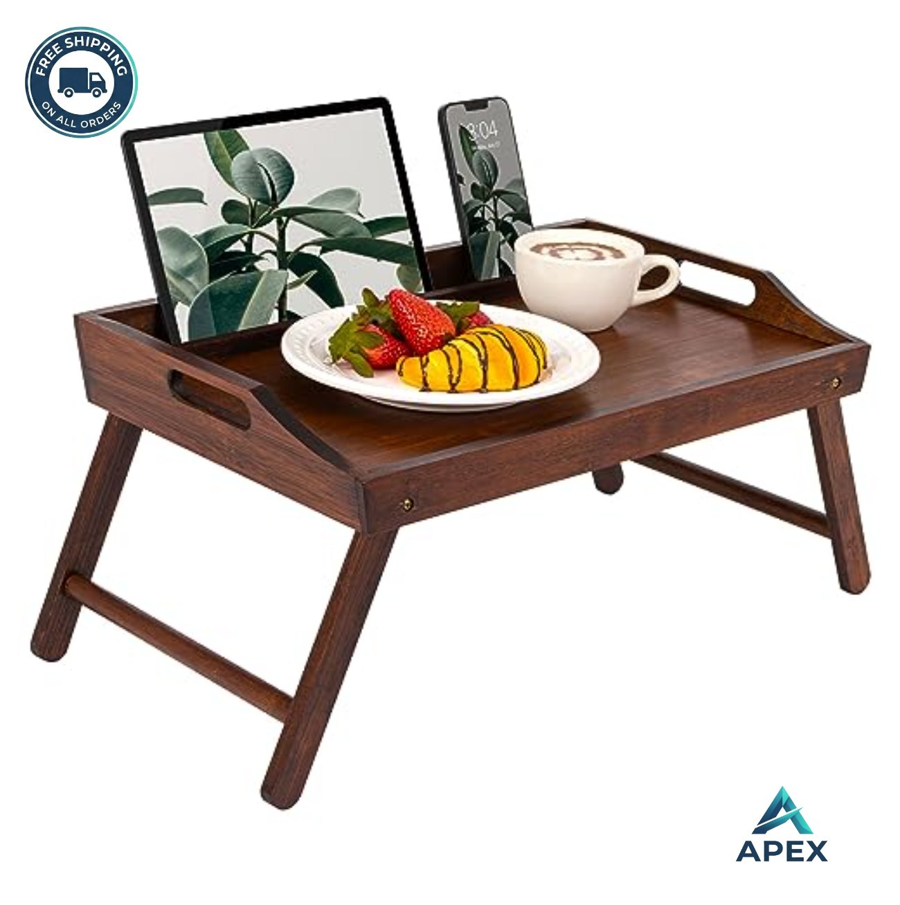 Bamboo Bed Tray 15.6 Inch Laptop Fits Java Brown Folding Legs Phone Tablet Slot