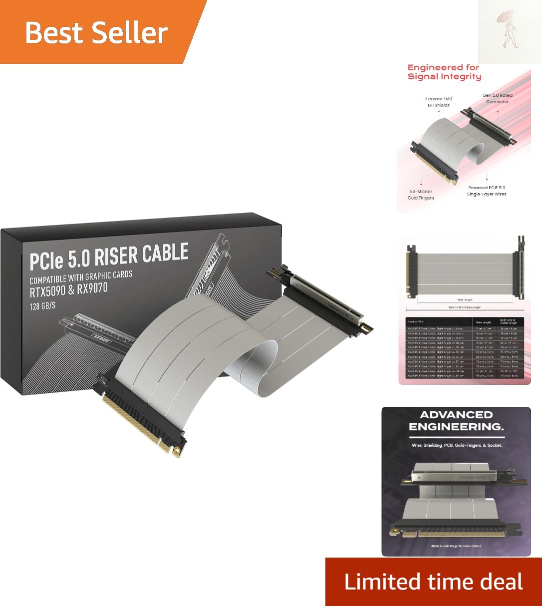 Versatile 20cm PCIe 5.0 Riser Cable - Vertical GPU Mount with Enhanced Shielding