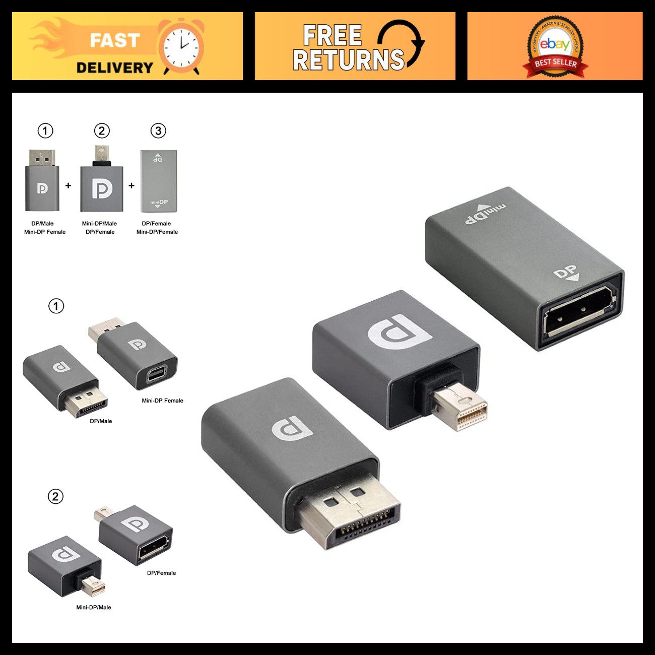 Mini DisplayPort to DisplayPort Adapter 4K 60Hz Ultra HD Extension Cable - 3 Pac
