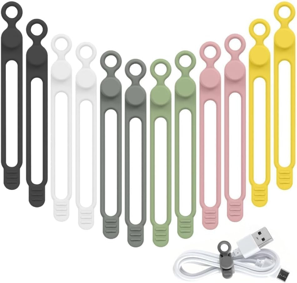 12-Pcs Silicone Cable Ties Reusable Elastic Wire Cord Organizers Multi-Color