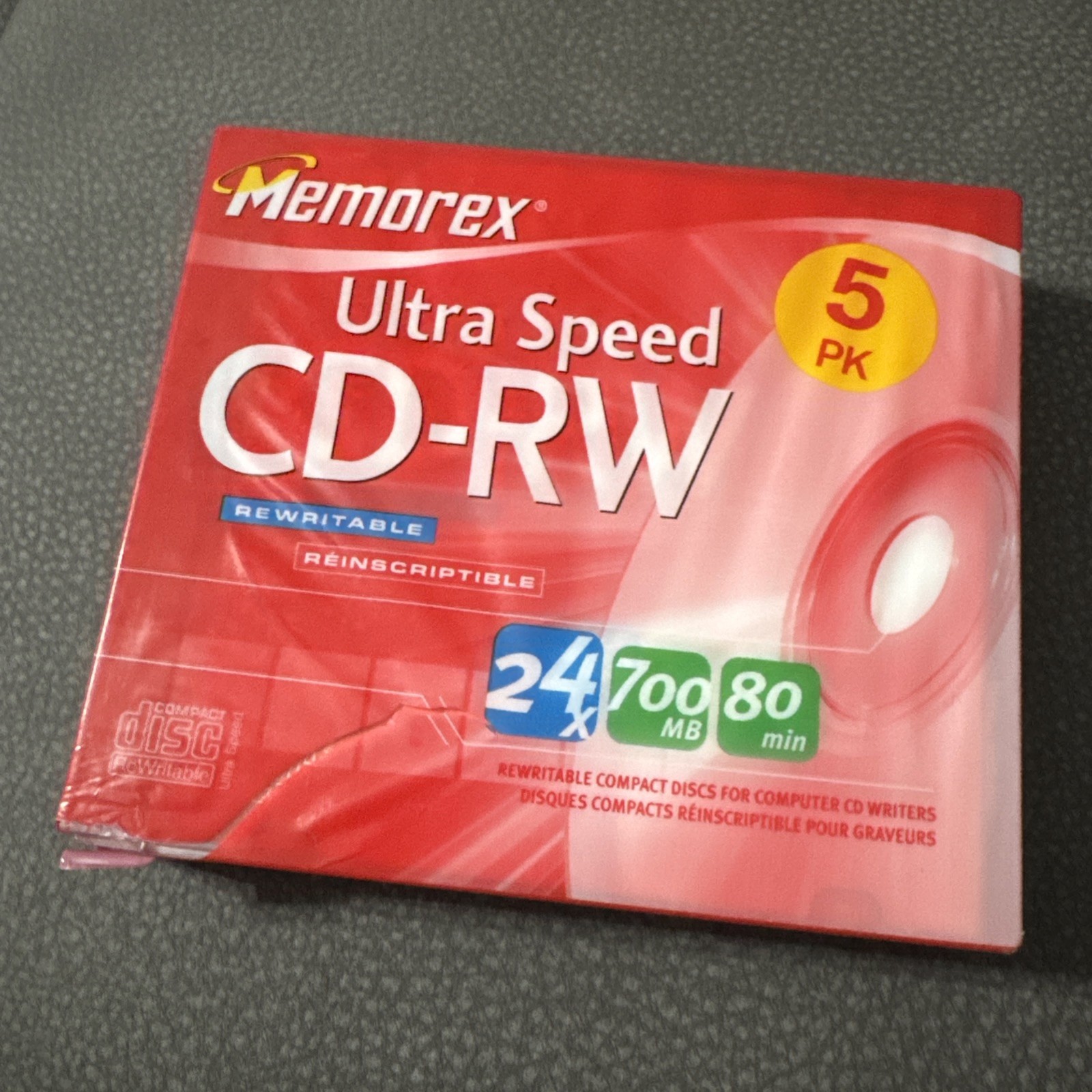 Memorex Ultra Speed CD-RW Blank Discs 5 Pack 24x 700MB 80 Min New Sealed