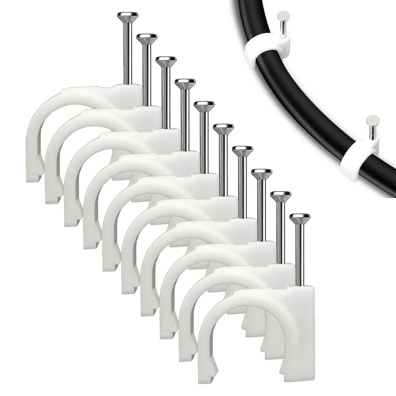 100 PCS 14mm White Cable Clips With Steel Nails Wall Mount Wire Holder Hook