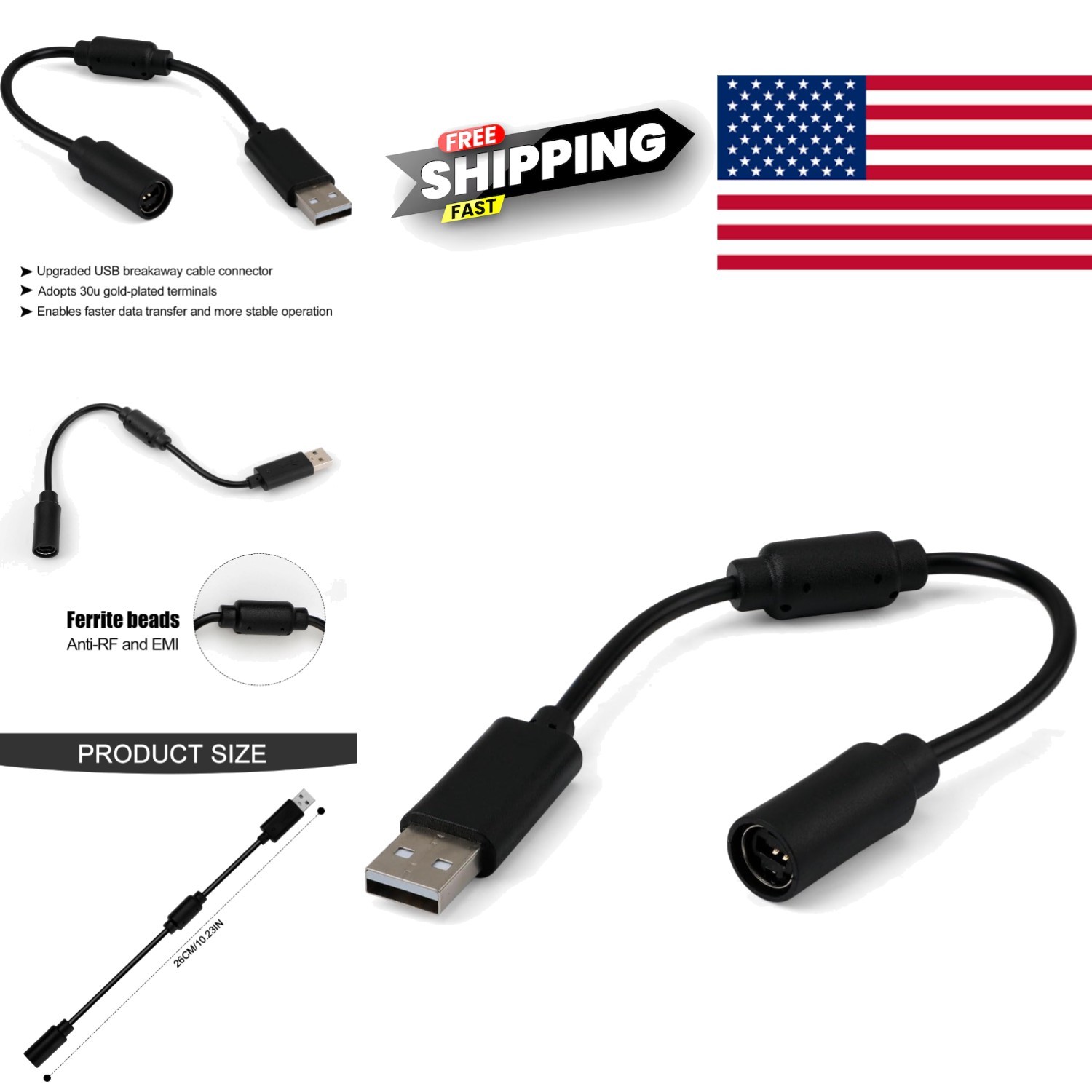 Fast Data Transmission USB Breakaway Cable 26cm Black for Guitar Controllers