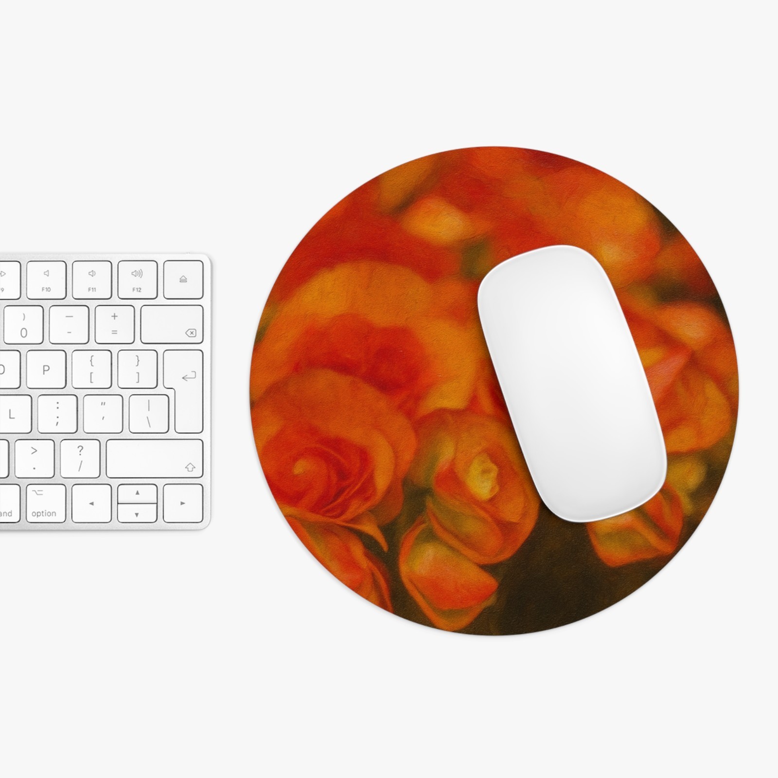 Round Floral Mouse Pad - Artistic Orange Roses Painting - Non-Slip Aesthetic