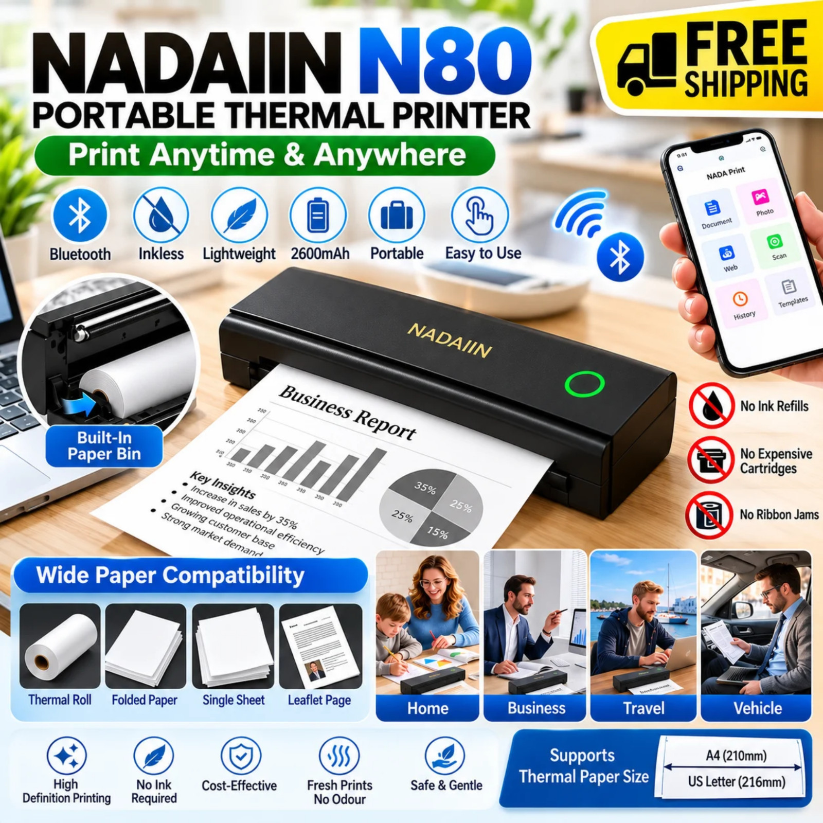 A4 Portable Thermal Printer Wireless Bluetooth Inkless US Letter 8.5x11"