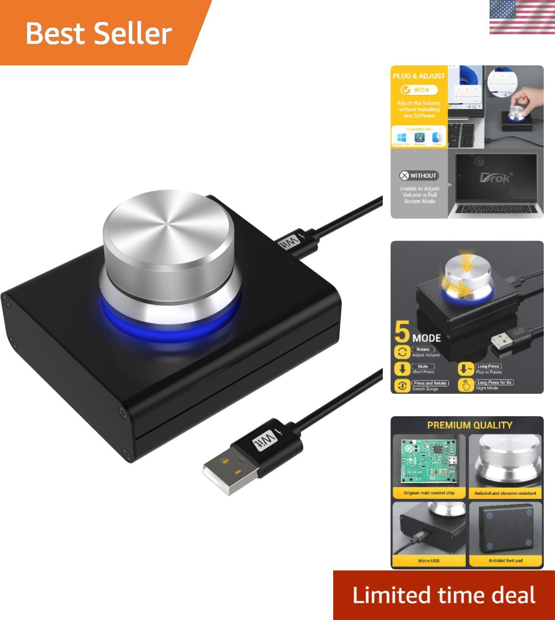 USB Volume Control Knob - Computer Speaker External Volume Control with 1-Key...
