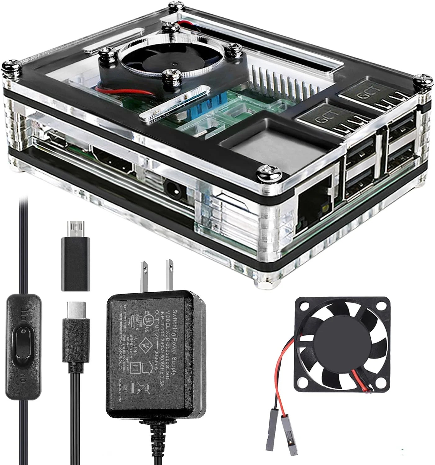 Miuzei Case for Raspberry Pi 3 with Fan 5V 3A Power Supply 3Pcs HeatSinks