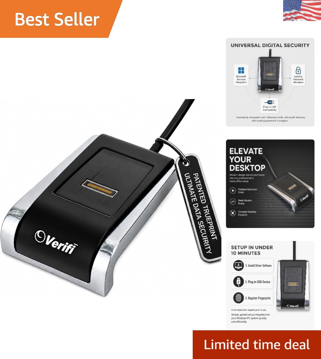Compact Black/Silver USB Fingerprint Reader - Windows Hello Certified Security