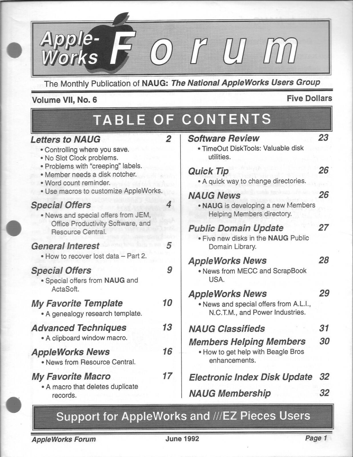 AppleWorks Forum Magazine, June 1992 for Apple II II+ IIe IIc IIgs