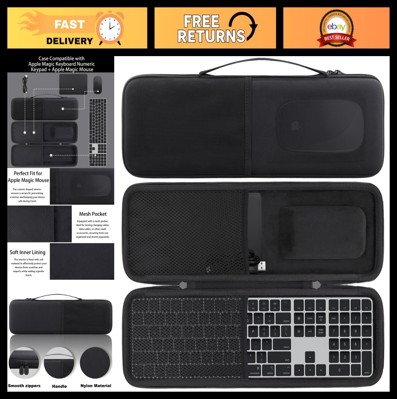 Hard Case for Apple Magic Keyboard & Numeric Keypad + Mouse, Black - Durable Pro