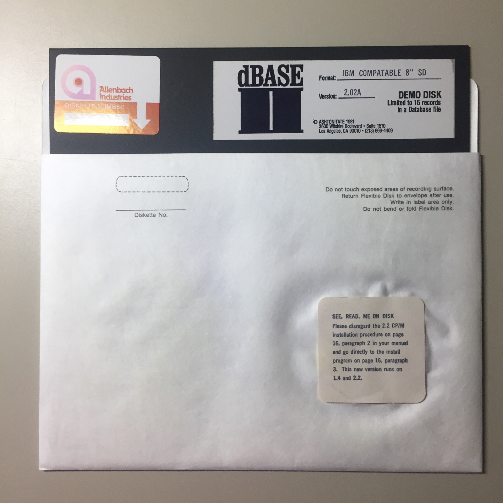 Vintage 1981 dBASE II 2.02A IBM Compatable SD 8” DEMO Floppy Disk VHTF